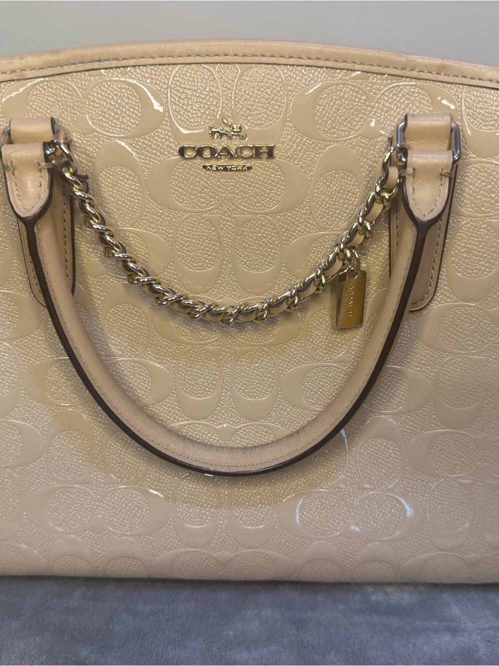 Coach Cream Patent Leather Satchel with Gold Chain Trim